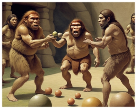 Cavemen playing bowls